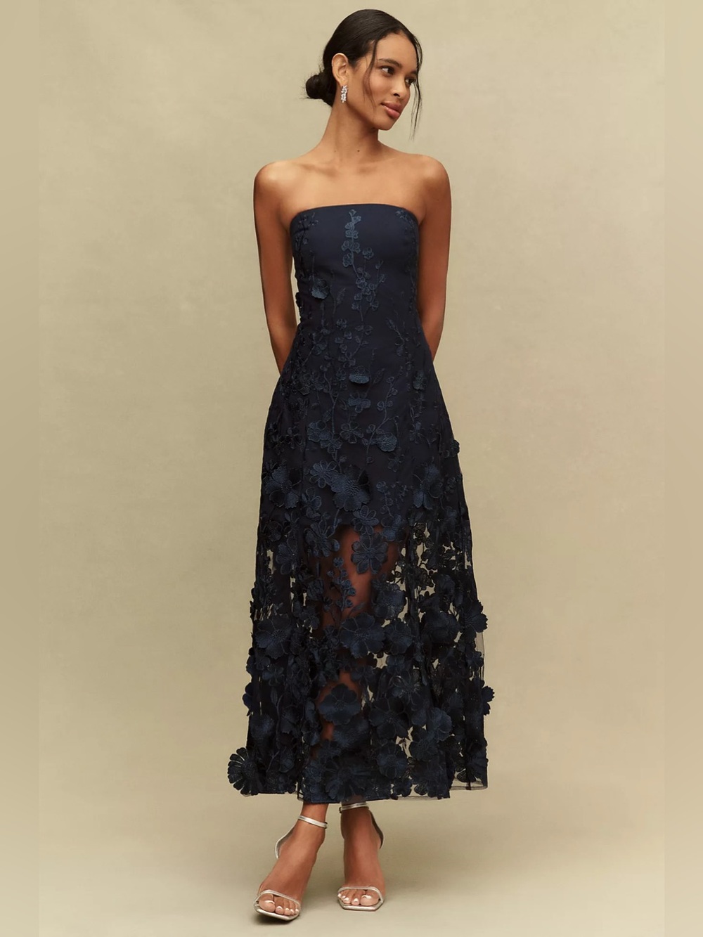 Anthropologie Navy Strapless 3D Floral-Appliqué Maxi Dress